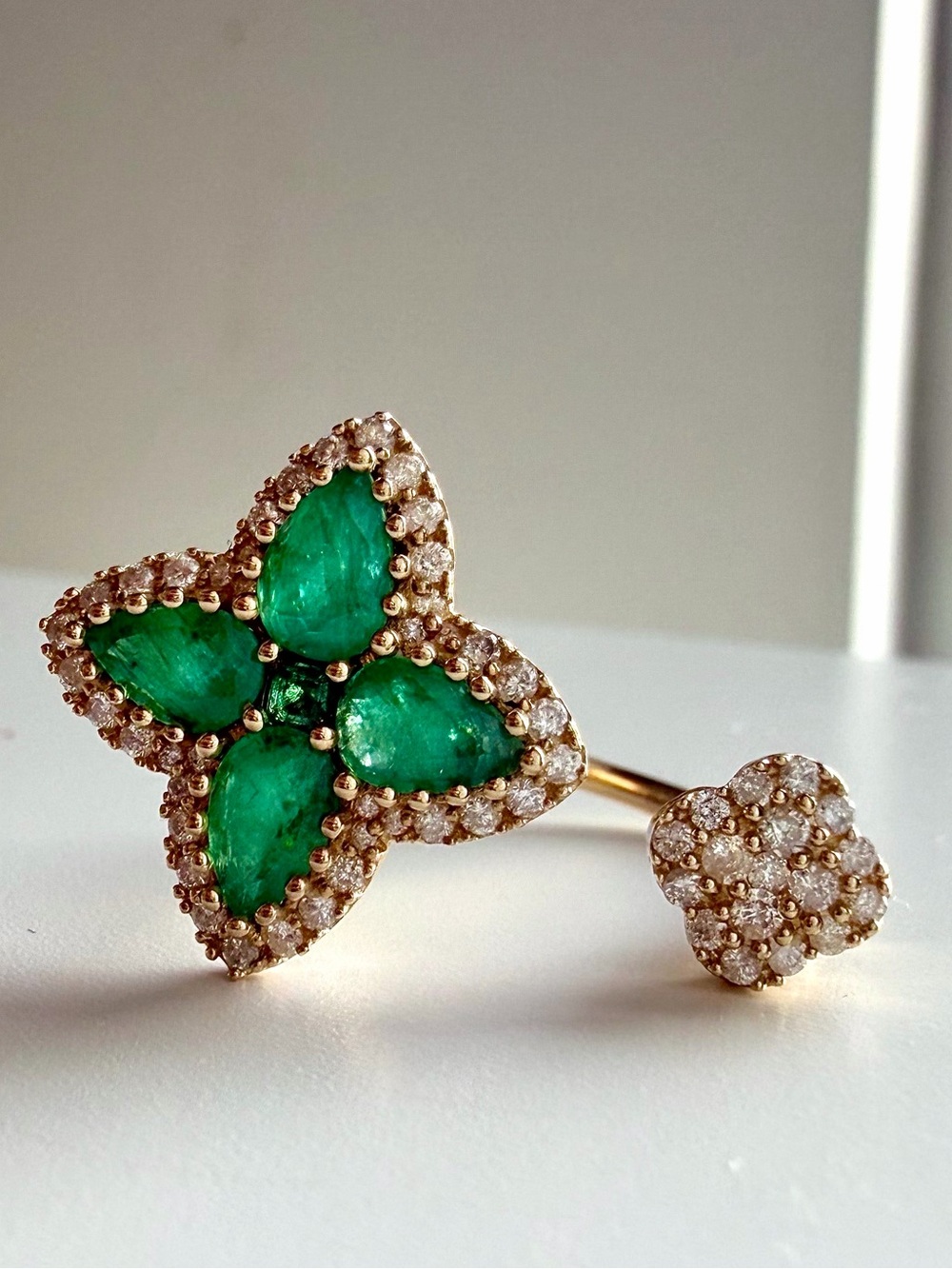 14K yellow gold Clover open ring .4ct diamond 1.4ct emerald